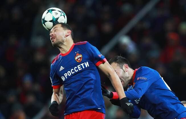 MOSCOW, RUSSIA â€“ NOVEMBER 22, 2017: CSKA Moscow s Sergei Ignashevich (L) and Bibras Natkho in their 2017 18 UEFA Champions League Group A Round 5 football match against Benfica Lisbon at VEB Arena. Sergei Fadeichev TASS  TS06A2D3