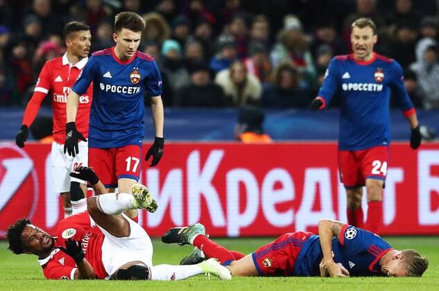 MOSCOW, RUSSIA â€“ NOVEMBER 22, 2017: Benfica Lisbonâ€™s Eliseu and CSKA Moscow s Pontus Wernbloom (L-R on the ground) in their 2017 18 UEFA Champions League Group A Round 5 football match at VEB Arena. Stanislav Krasilnikov TASS  TS06A2DD