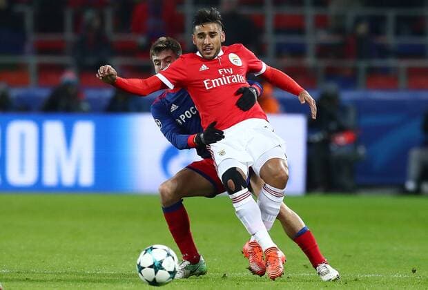 MOSCOW, RUSSIA â€“ NOVEMBER 22, 2017: Benfica Lisbonâ€™s Eduardo Salvio (front) and CSKA Moscow s Georgy Shchennikov in their 2017 18 UEFA Champions League Group A Round 5 football match at VEB Arena. Stanislav Krasilnikov TASS  TS06A2DE