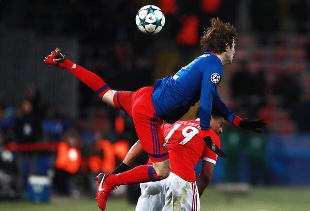 MOSCOW, RUSSIA â€“ NOVEMBER 22, 2017: CSKA Moscow s Mario Fernandes (front) and Benfica Lisbonâ€™s Eliseu in their 2017 18 UEFA Champions League Group A Round 5 football match at VEB Arena. Sergei Fadeichev TASS  TS06A2F0