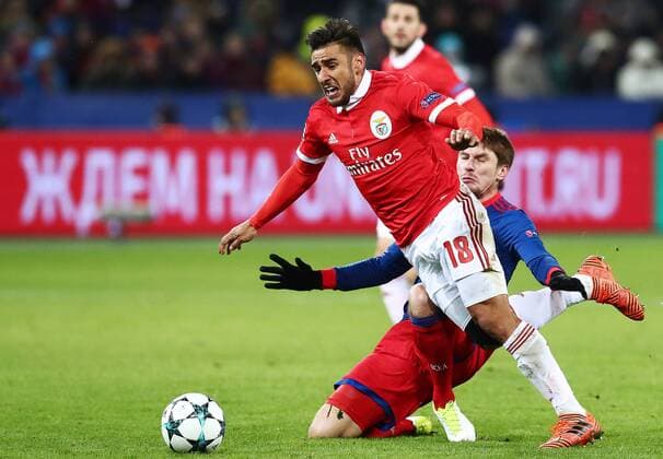 MOSCOW, RUSSIA â€“ NOVEMBER 22, 2017: Benfica Lisbonâ€™s Eduardo Salvio (front) and CSKA Moscow s Kirill Nababkin in their 2017 18 UEFA Champions League Group A Round 5 football match at VEB Arena; CSKA won 2-0. Stanislav Krasilnikov TASS  TS06A315