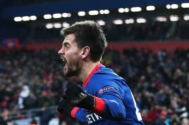 MOSCOW, RUSSIA â€“ NOVEMBER 22, 2017: CSKA Moscow s Georgy Shchennikov celebrates scoring against Benfica Lisbon in their 2017 18 UEFA Champions League Group A Round 5 football match at VEB Arena; CSKA won 2-0. Stanislav Krasilnikov TASS  TS06A2C9