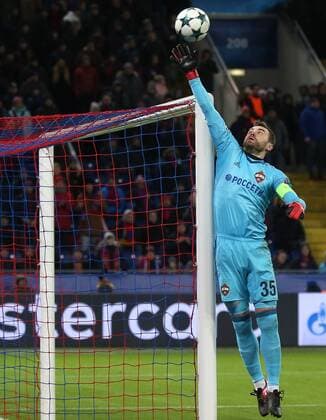 MOSCOW, RUSSIA â€“ NOVEMBER 22, 2017: CSKA Moscow goalkeeper Igor Akinfeev makes a save in their 2017 18 UEFA Champions League Group A Round 5 football match against Benfica Lisbon at VEB Arena; CSKA won 2-0. Stanislav Krasilnikov TASS  TS06A31F