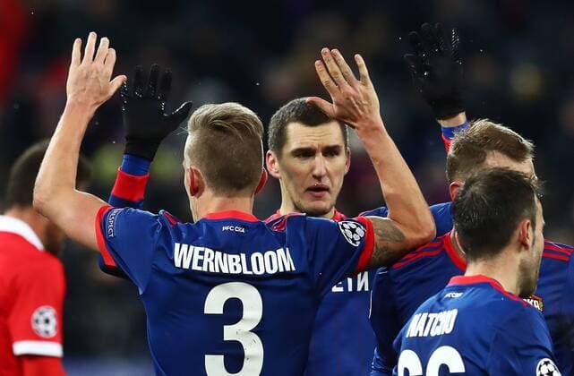 MOSCOW, RUSSIA â€“ NOVEMBER 22, 2017: CSKA Moscow Pontus Wernbloom and Viktor Vasin (L-R) celebrate winning their 2017 18 UEFA Champions League Group A Round 5 football match against Benfica Lisbon at VEB Arena with a 2-0 score. Stanislav Krasilnikov TASS  TS06A322