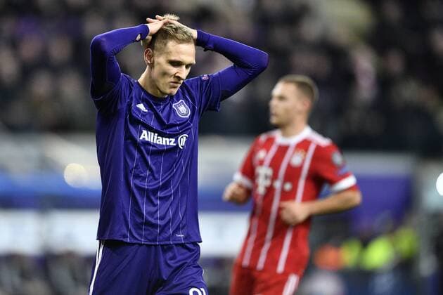 Anderlecht s Lukasz Teodorczyk pictured during a soccer match between Belgian club RSC Anderlecht and German team FC Bayern Munchen, Wednesday 22 November 2017 in Brussels, game five out of six in the group stage (Group B) of the UEFA Champions League competition. YORICKxJANSENS  x05206637x