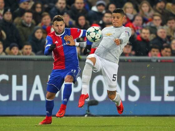 FC Basel v Manchester United ManU UEFA Champions League Renato Steffen of FC Basel and Marcos Rojo of Manchester United during the UEFA Champions League match at St. Jakob-Park, Basel Content Not Available For UK Newspapers Copyright: xYannisxHalasx FIL-10987-0013