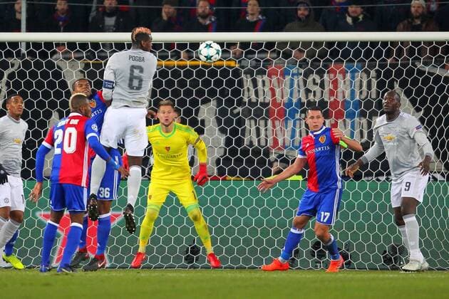FC Basel v Manchester United ManU UEFA Champions League Paul Pogba of Manchester United heads the ball during the UEFA Champions League match at St. Jakob-Park, Basel Content Not Available For UK Newspapers Copyright: xYannisxHalasx FIL-10987-0020