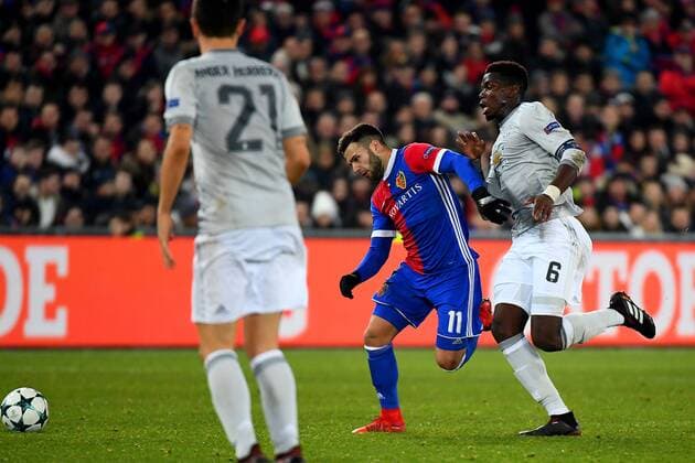 22nd November 2017, St Jakob-Park, Basel, Switzerland; UEFA Champions League, FC Basel versus Manchester United ManU Paul Pogba of Manchester United challenges Renato Steffen of FC Basel for the ball  ActionPlus11954751