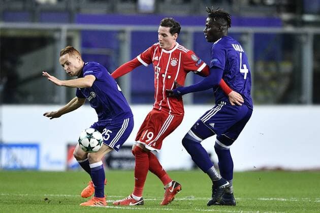 Anderlecht s Adrien Trebel, Bayern s Sebastian Rudy and Anderlecht s Kara Mbodji fight for the ball during a soccer match between Belgian club RSC Anderlecht and German team FC Bayern Munchen, Wednesday 22 November 2017 in Brussels, game five out of six in the group stage (Group B) of the UEFA Champions League competition. YORICKxJANSENS  x05206709x