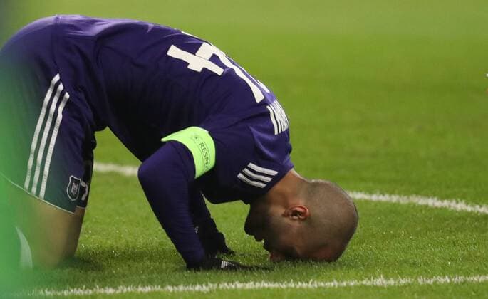 Anderlecht s Sofiane Hanni celebrates after scoring during a soccer match between Belgian club RSC Anderlecht and German team FC Bayern Munchen, Wednesday 22 November 2017 in Brussels, game five out of six in the group stage (Group B) of the UEFA Champions League competition. VIRGINIExLEFOUR  x05206718x