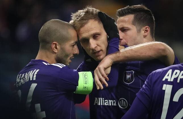 Anderlecht s Sofiane Hanni celebrates after scoring during a soccer match between Belgian club RSC Anderlecht and German team FC Bayern Munchen, Wednesday 22 November 2017 in Brussels, game five out of six in the group stage (Group B) of the UEFA Champions League competition. VIRGINIExLEFOUR  x05206719x