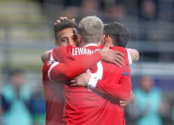 22 11 2017 Football UEFA Champions League 2017 2018 Group stage 5 Gameday RSC Anderlecht FC Bayern Munich at Constant Vanden Stock Stadium Anderlecht Jubel v 1 Corentin Tolisso Bayern Munich Goalkeeper Robert Lewandowski Bayern Munich and James Rodriguez Bayern Munich Goal to 0 1