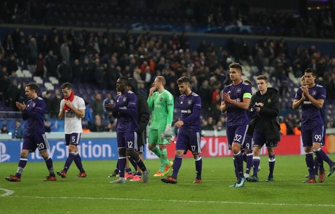 Anderlecht s players pictured after a soccer match between Belgian club RSC Anderlecht and German team FC Bayern Munchen, Wednesday 22 November 2017 in Brussels, game five out of six in the group stage (Group B) of the UEFA Champions League competition. VIRGINIExLEFOUR  x05206789x