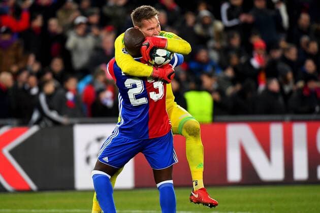 22nd November 2017, St Jakob-Park, Basel, Switzerland; UEFA Champions League, FC Basel versus Manchester United ManU Tomas Vaclik and Eder Balanta of FC Basel celebrate after their team beat Manchester United 1-0  ActionPlus11954802