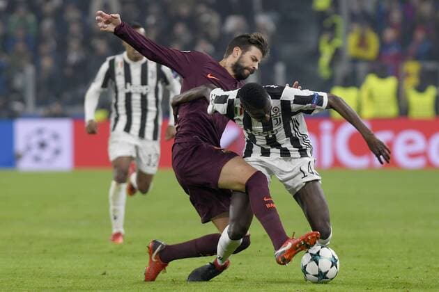 22nd November 2017, Allianz Stadium, Turin, Italy; UEFA Champions League, Juventus versus Barcelona; Gerard Pique fouls Blaise Matuidi and gets a yellow card  ActionPlus11954949
