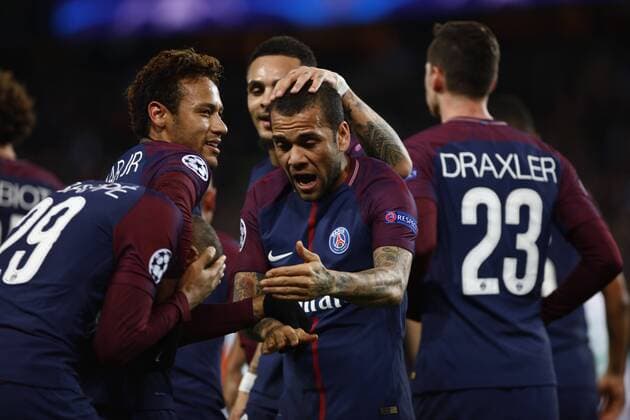 November 22, 2017 - Paris, France - Thiago Silva, Neymar, Kylian Mbappe, Dani Alves of PSG celebrate during the UEFA Champions League Group B football match between Paris Saint-Germain (PSG) and Glasgow Celtic at Parc des Princes Stadium in Paris on November 22, 2017. Paris Saint-Germain v Celtic FC - UEFA Champions League  - ZUMAn230 20171122_zaa_n230_698 Copyright: xMehdixTaamallahx