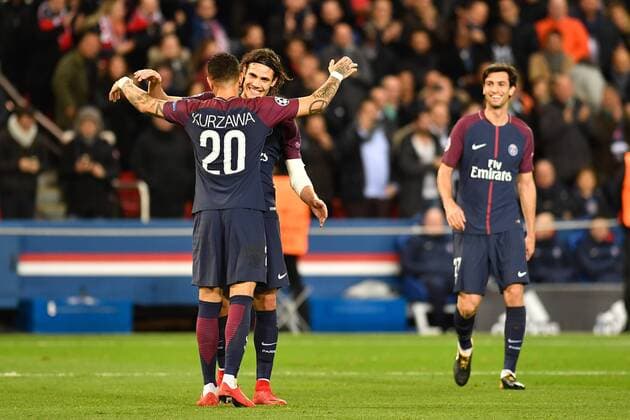 (171123) -- PARIS, Nov. 23, 2017 -- Layvin Kurzawa (1st L) and Edinson Cavani (2nd L) of Paris Saint-Germain celebrate during the Group B match against Celtic FC of 2017-18 UEFA Champions League in Paris, France on Nov. 22, 2017. Paris Saint-Germain won 7-1 at home. ) (SP)FRANCE-PARIS-CHAMPIONS LEAGUE-PARIS SAINT-GERMAIN VS CELTIC FC ChenxYichen 