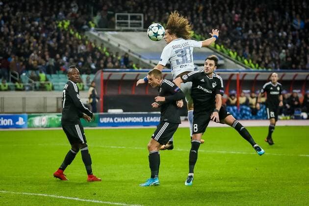 Azerbaijan: Qarabag FK 0-4 Chelsea FC Chelsea s David Luiz, leaps above the defence to head the ball towards goal during their Champions League, group C, soccer match between Qarabag FK and Chelsea at the Baku Olympic stadium in Baku, Azerbaijan, Wednesday, Nov. 22, 2017. Azerbaijan  AzizxKarimovx xPacifcixPress
