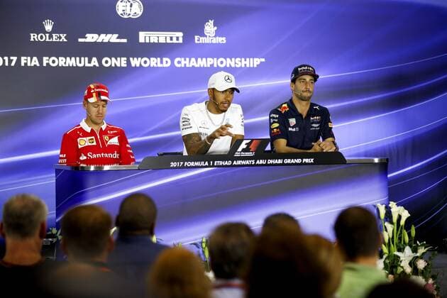 Motorsports: FIA Formula One World Championship WM Weltmeisterschaft 2017, Grand Prix of Abu Dhabi, 5 Sebastian Vettel (GER, Scuderia Ferrari), 44 Lewis Hamilton (GBR, Mercedes AMG Petronas F1 Team), 3 Daniel Ricciardo (AUS, Red Bull Racing), Abu Dhabi United Arab Emirates