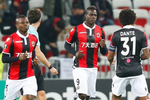 Nice Mario Balotelli celebrates after scoring during a game between French club OGC Nice and Belgian soccer team SV Zulte Waregem, the fifth game of the group stage (Group K) of the UEFA Europa League competition, Thursday 23 November 2017 in Nice, France. BRUNOxFAHY  x05207237x