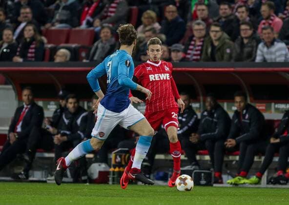 Koeln Rhein Energie Stadion 13 02 2016 Football UEFA Europa League FC Koeln FC Arsenal Image of Calum Chambers FC Arselnal 21 hi Jannes Horn FC Cologne 23 Copyright: HMBxMedia ThomasxJäger