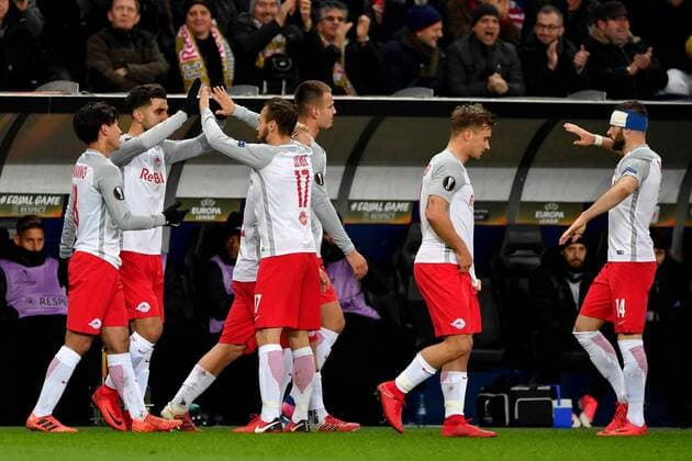 SOCCER - EL, RBS vs Vitoria SALZBURG,AUSTRIA,23.NOV.17 - SOCCER - UEFA Europa League, Red Bull Salzburg vs Vitoria Guimaraes SC. Image shows the rejoicing of RBS. GEPAxpictures xFlorianxErtl