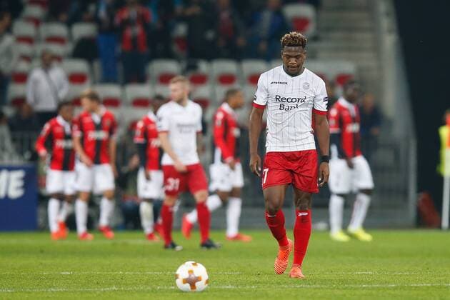 Essevee s Aaron Leya Iseka looks dejected during a game between French club OGC Nice and Belgian soccer team SV Zulte Waregem, the fifth game of the group stage (Group K) of the UEFA Europa League competition, Thursday 23 November 2017 in Nice, France. BRUNOxFAHY  x05207267x