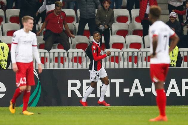 Nice Alassane Plea celebrates after scoring during a game between French club OGC Nice and Belgian soccer team SV Zulte Waregem, the fifth game of the group stage (Group K) of the UEFA Europa League competition, Thursday 23 November 2017 in Nice, France. BRUNOxFAHY  x05207264x