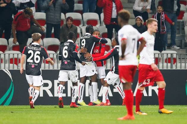 Nice Alassane Plea celebrates after scoring during a game between French club OGC Nice and Belgian soccer team SV Zulte Waregem, the fifth game of the group stage (Group K) of the UEFA Europa League competition, Thursday 23 November 2017 in Nice, France. BRUNOxFAHY  x05207265x