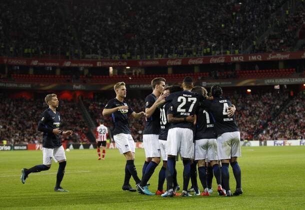 DAVID S. BUSTAMANTE 23 11 2017 BILBAO PAIS VASCO Partido correspondiente a la Jornada 5 del grupo J de la UEFA Europa League de futbol entre el Athletic de Bilbao y el Hertha BSC Berlin disputado en el Estadio San Mames de Bilbao. gol y celebracion de Matthew Leckie  xDAVIDxS.xBUSTAMANTEx xx