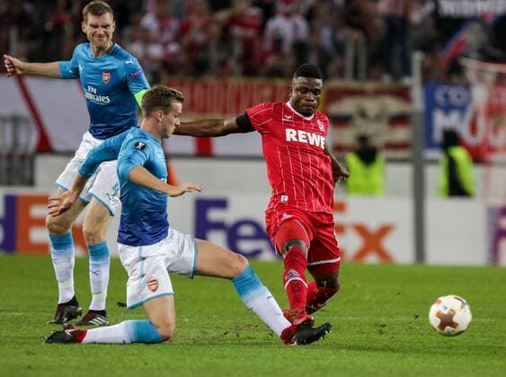 Koeln Rhein Energie Stadion 13 02 2016 Football UEFA Europa League FC Koeln FC Arsenal Image li Rob Holding FC Arselnal 16 re Jhon Cordoba FC Cologne 15 Copyright: HMBxMedia ThomasxJäger