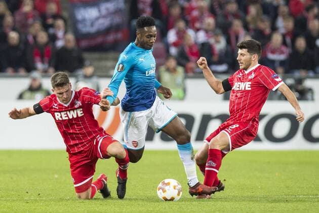 Fußball: UEFA Europa League, EL, Saison 2017 2018, Gruppe H, 1. FC Köln - Arsenal London in Köln (Nordrhein-Westfalen). Koelns Salih Özcan Oezcan (l.), Arsenals Danny Welbeck und Koelns Milos Jojic kämpfen um den Ball. Copyright: xKirchner DavidxInderliedx