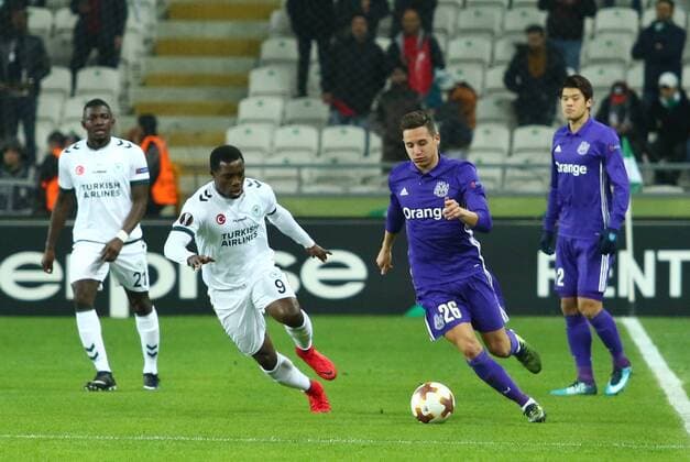Malick Evouna 9 of Konyaspor and Florian Thauvin 26 of Marseille during the UEFA Europa Match between Konyaspor and Marseille at Buyuksehir Stadium in Konya , Turkey on November 23 , 2017. 