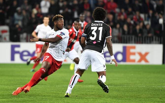 NICE, FRANCE - NOVEMBER 23 : Aaron Leya Iseka forward of SV Zulte Waregem during the UEFA Europa League, Group K stage match between SV Zulte Waregem and OGC Nice at the Allianz stadium on November 23, 2017 in Nice, France, 23 11 2017 FOOTBALL : Europa League - OGC Nice vs Zulte Waregem - 23 11 2017 PHOTONEWS PANORAMIC 