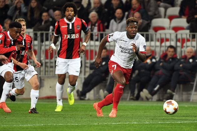 NICE, FRANCE - NOVEMBER 23 :Aaron Leya Iseka forward of SV Zulte Waregem during the UEFA Europa League, Group K stage match between SV Zulte Waregem and OGC Nice at the Allianz stadium on November 23, 2017 in Nice, France, 23 11 2017 FOOTBALL : Europa League - OGC Nice vs Zulte Waregem - 23 11 2017 PHOTONEWS PANORAMIC 