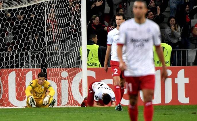 NICE, FRANCE - NOVEMBER 23 : Louis Bostyn goalkeeper of SV Zulte Waregem looks dejected during the UEFA Europa League, Group K stage match between SV Zulte Waregem and OGC Nice at the Allianz stadium on November 23, 2017 in Nice, France, 23 11 2017 FOOTBALL : Europa League - OGC Nice vs Zulte Waregem - 23 11 2017 PHOTONEWS PANORAMIC 