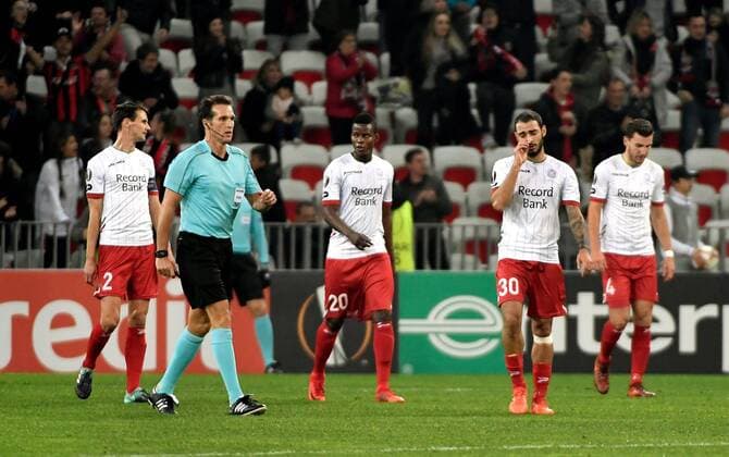 NICE, FRANCE - NOVEMBER 23 : Kastanos Grigoris midfielder of SV Zulte Waregemlooks dejected during the UEFA Europa League, Group K stage match between SV Zulte Waregem and OGC Nice at the Allianz stadium on November 23, 2017 in Nice, France, 23 11 2017 FOOTBALL : Europa League - OGC Nice vs Zulte Waregem - 23 11 2017 PHOTONEWS PANORAMIC 