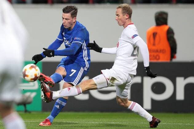 MOSCOW, RUSSIA â€“ NOVEMBER 23, 2017: FC Copenhagen s Benjamin Verbic (L) and Lokomotiv Moscow s Vladislav Ignatyev fight for the ball in their 2017-18 UEFA Europa League Group F Round 5 football match at RZD Arena Stadium. Sergei Bobylev TASS  TS06A509