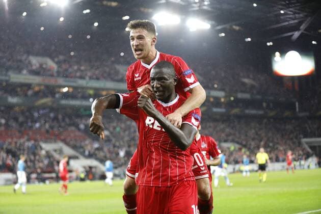 Cologne RheinEnergieStadion 23 11 17 Sehrou Guirassy 1 FC Köln scores the 1 0 goal by penalty kick and cheers with Salih Özcan 1 FC Köln in the Europaleague match between 1 FC Köln vs Arsenal London in the 2017 season 2018