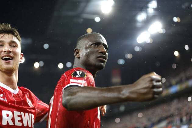 Cologne RheinEnergieStadion 23 11 17 Sehrou Guirassy 1 FC Köln scores the 1 0 goal by penalty kick and cheers in the Europaleague match between 1 FC Köln vs Arsenal London in season 2017 2018