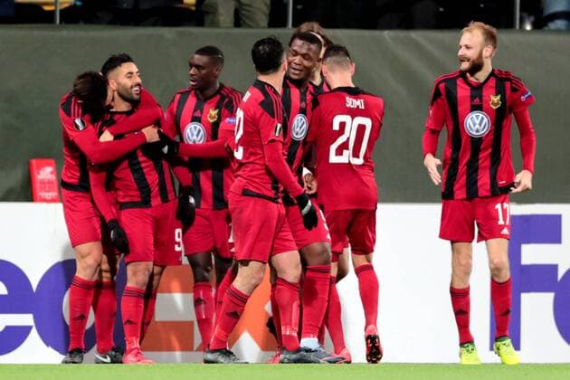 171123 Östersunds Saman Ghoddos jublar med lagkamrater efter 2-0 under fotbollsmatchen i Europa League mellan Östersund och Zorja Luhansk den 23 november 2017 i Östersund.  Copyright: TOBIASxNYKÄNEN BB171123TN025