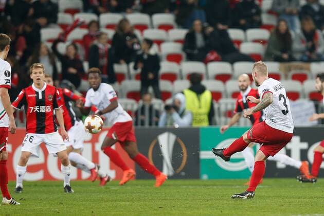 Essevee s Brian Hamalainen scores a goal during a game between French club OGC Nice and Belgian soccer team SV Zulte Waregem, the fifth game of the group stage (Group K) of the UEFA Europa League competition, Thursday 23 November 2017 in Nice, France. BRUNOxFAHY  x05207294x