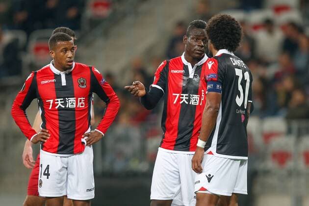 Nice Alassane Plea, Nice Mario Balotelli and Nice captain Dante pictured during a game between French club OGC Nice and Belgian soccer team SV Zulte Waregem, the fifth game of the group stage (Group K) of the UEFA Europa League competition, Thursday 23 November 2017 in Nice, France. BRUNOxFAHY  x05207291x