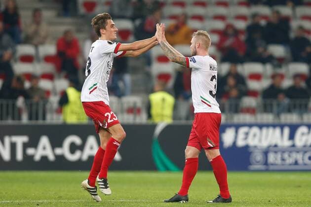 Essevee s Brian Hamalainen celebrates after scoring during a game between French club OGC Nice and Belgian soccer team SV Zulte Waregem, the fifth game of the group stage (Group K) of the UEFA Europa League competition, Thursday 23 November 2017 in Nice, France. BRUNOxFAHY  x05207297x