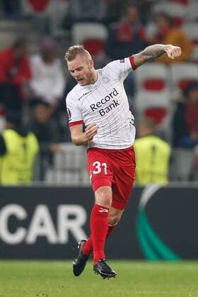 Essevee s Brian Hamalainen celebrates after scoring during a game between French club OGC Nice and Belgian soccer team SV Zulte Waregem, the fifth game of the group stage (Group K) of the UEFA Europa League competition, Thursday 23 November 2017 in Nice, France. BRUNOxFAHY  x05207295x