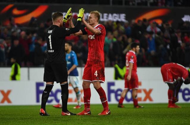 23 11 2017 xjhx Soccer Europa League 1 FC Koeln Arsenal London emspor v 1 Timo Horn 1 FC Koeln Frederik Soerensen 1 FC Köln celebrate cheering after the game ends n Koeln
