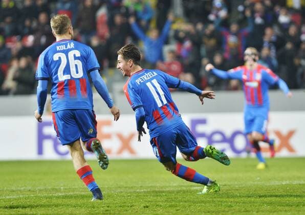 Daniel Kolar, left, and Milan Petrzela of Victoria celebrate during the 5th round, Football European League match FC Viktoria Pilsen vs FC Steaua Bucurest (FCSB) in Pilsen, Czech Republic, November 23, 2017. (CTKxPhoto MiroslavxChaloupka) CTKPhotoP201711230917001  cha013
