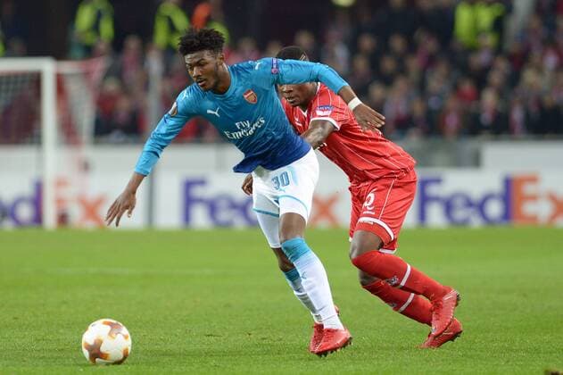 GER Europa League 1 FC Koeln vs Arsenal London 23 11 2017 Rhein Energie Stadium Koeln GER Europa League 1 FC Koeln vs Arsenal London in the picture from the left Ainsley Maitland Niles Arsenal 30 John Cordoba Koeln 15 nordphotoxTreese nph00275