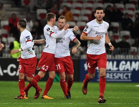 NICE, FRANCE - NOVEMBER 23 :Brian Hamalainen defender of SV Zulte Waregem celebrates scoring a goal with teammates during the UEFA Europa League, Group K stage match between SV Zulte Waregem and OGC Nice at the Allianz stadium on November 23, 2017 in Nice, France, 23 11 2017 FOOTBALL : Europa League - OGC Nice vs Zulte Waregem - 23 11 2017 PHOTONEWS PANORAMIC  775031125
