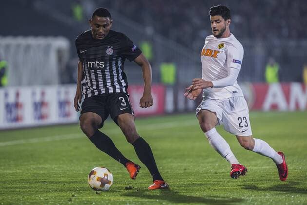 23rd November 2017, Partizan Stadium, Serbia, Belgrade; UEFA Europa League, Partizan versus Young Boys; Forward Leandre Tawamba of Partizan in action against Defender Loris Benito of Young Boys during the match  ActionPlus11955139